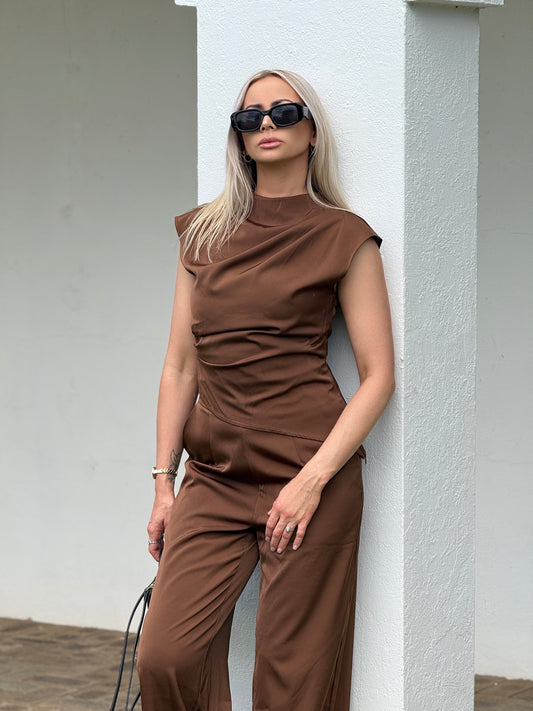 The Séraphine set in chocolate: draped satin top and wide leg pants, front view
