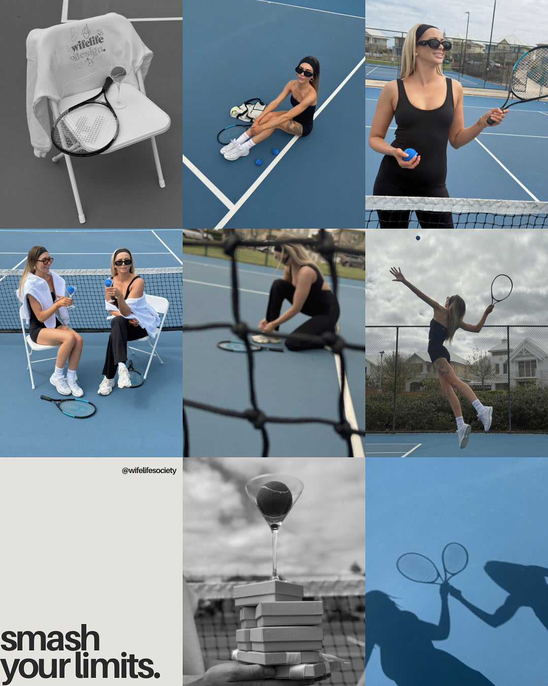 Collage of women in black activewear on a tennis court, with the slogan smash your limits